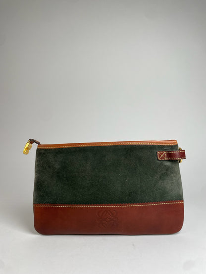Vintage Loewe Madrid Suede Leather Clutch Green Brown