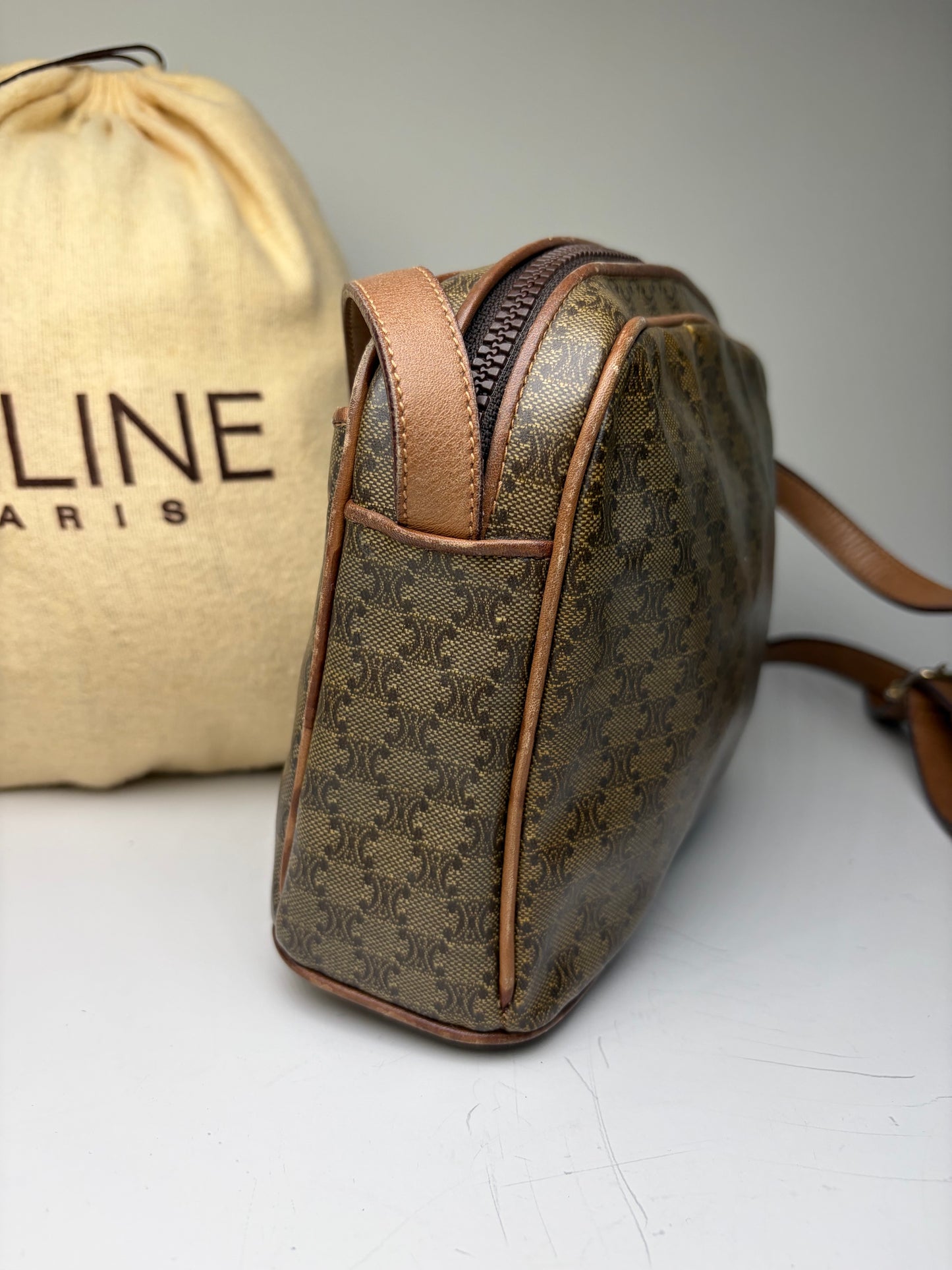 Vintage Celine C Logo Coated Canvas Crossbody Bag Brown Beige