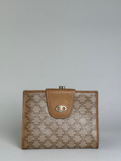 Vintage Celine Canvas Kiss Lock Wallet Beige Brown Gold