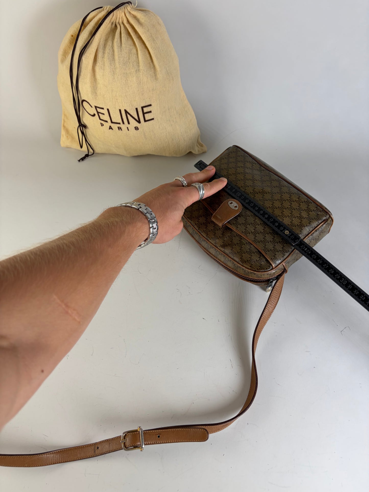 Vintage Celine C Logo Coated Canvas Crossbody Bag Brown Beige