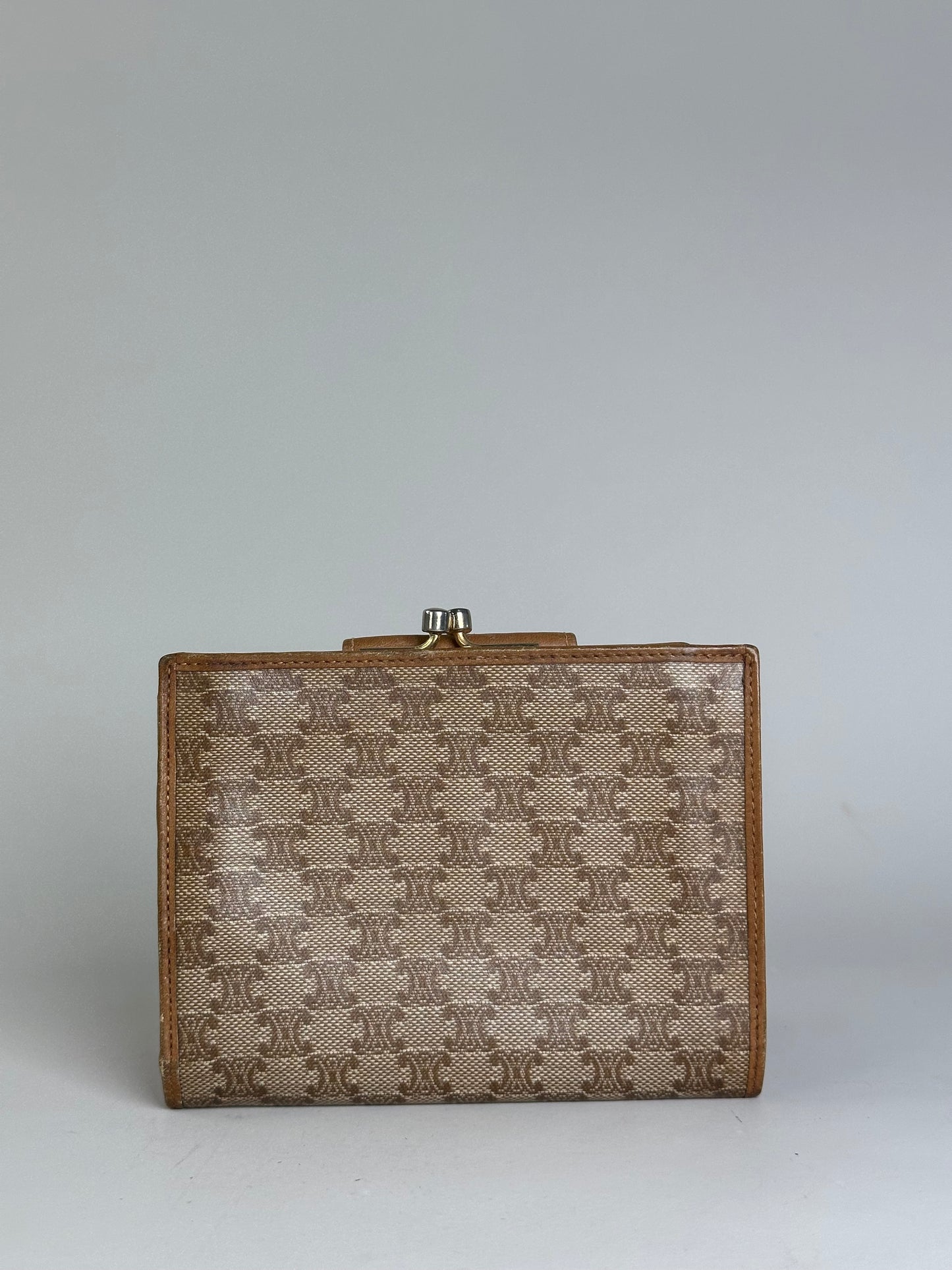 Vintage Celine Canvas Kiss Lock Wallet Beige Brown Gold