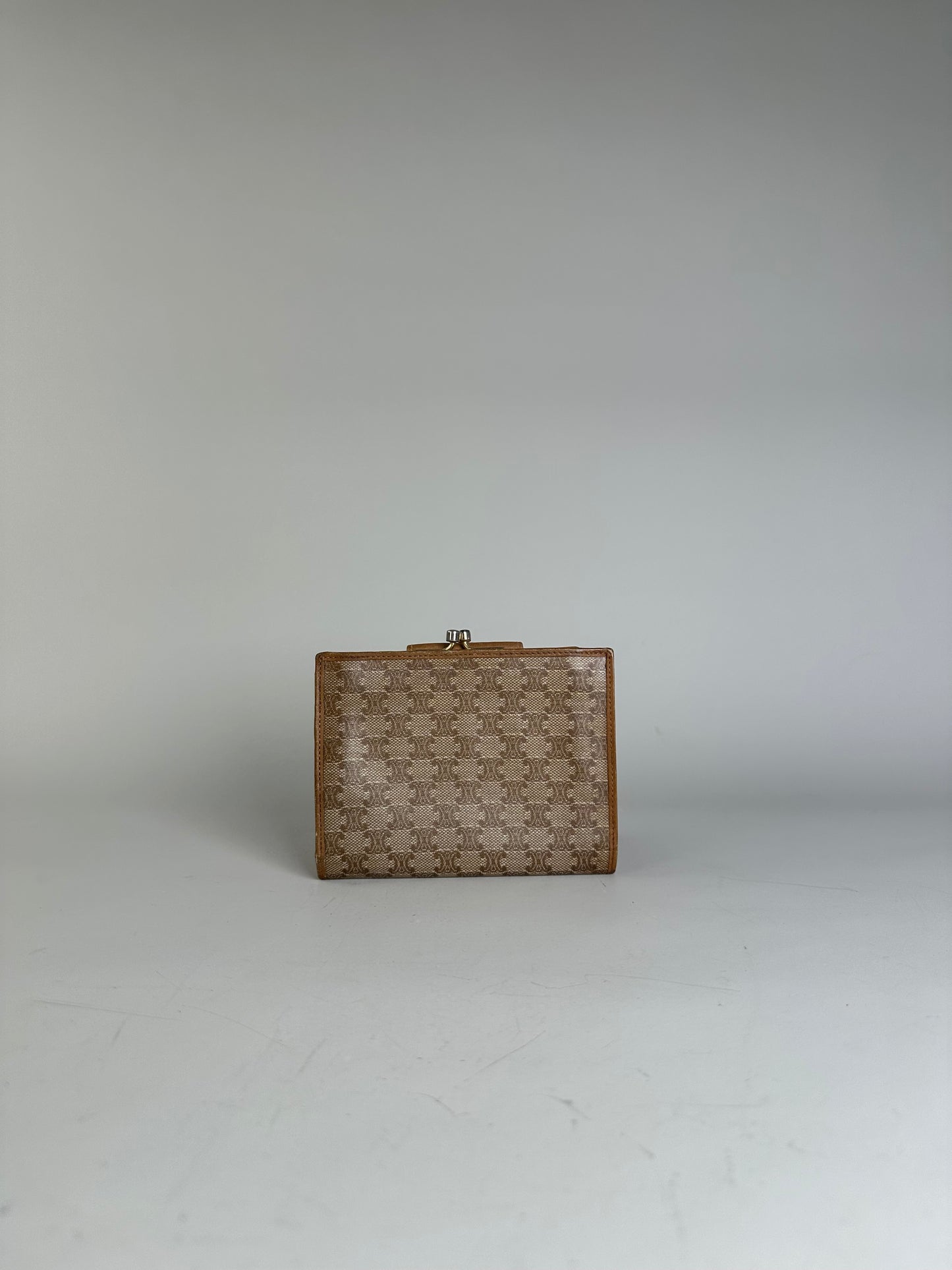 Vintage Celine Canvas Kiss Lock Wallet Beige Brown Gold