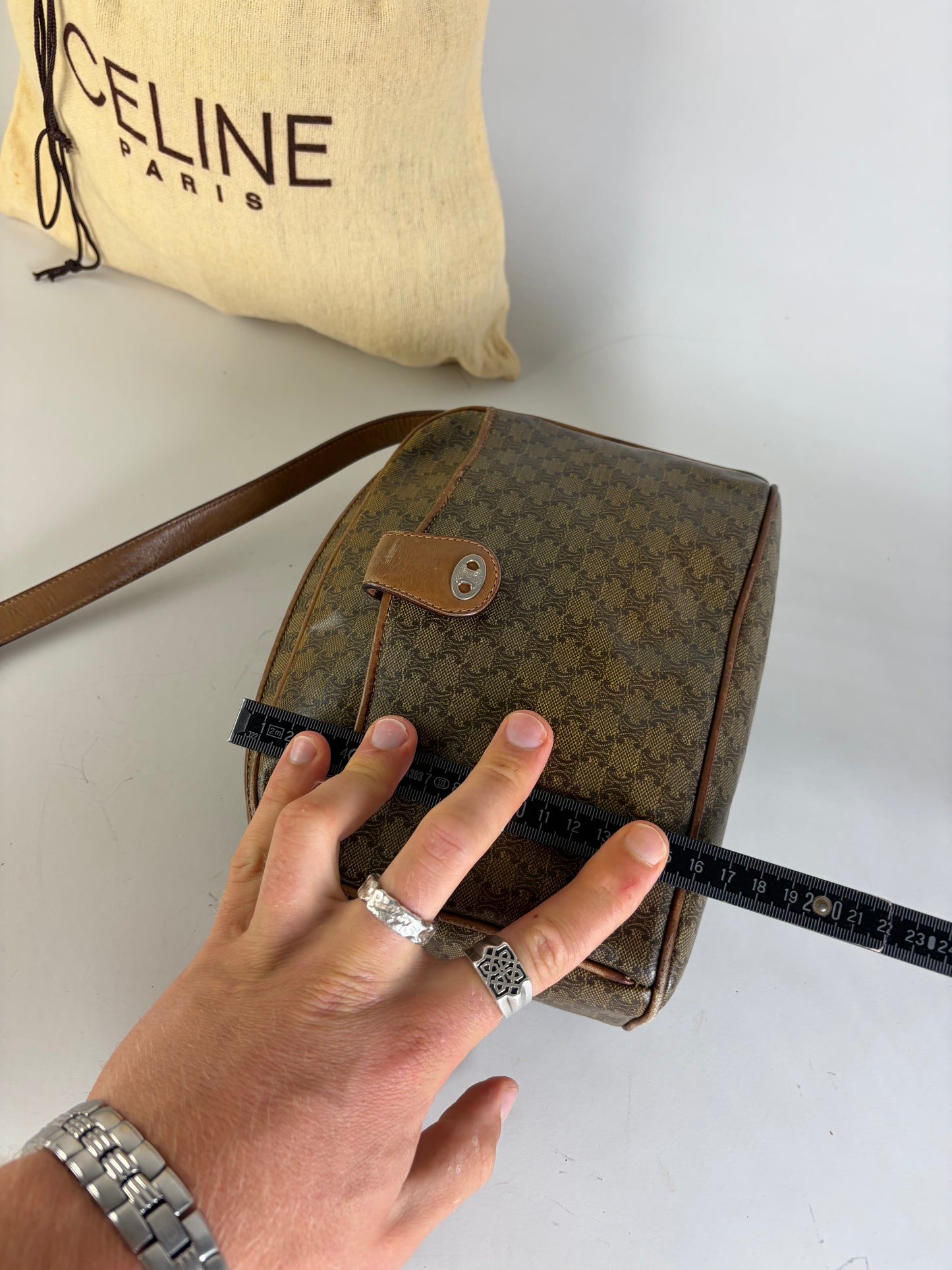 Vintage Celine C Logo Coated Canvas Crossbody Bag Brown Beige