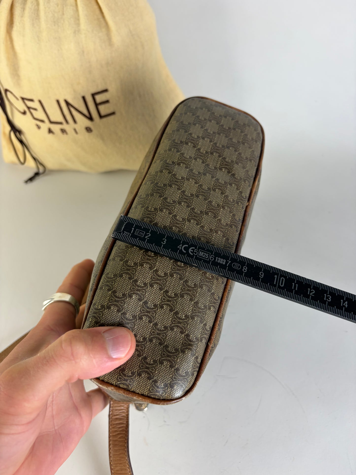 Vintage Celine C Logo Coated Canvas Crossbody Bag Brown Beige