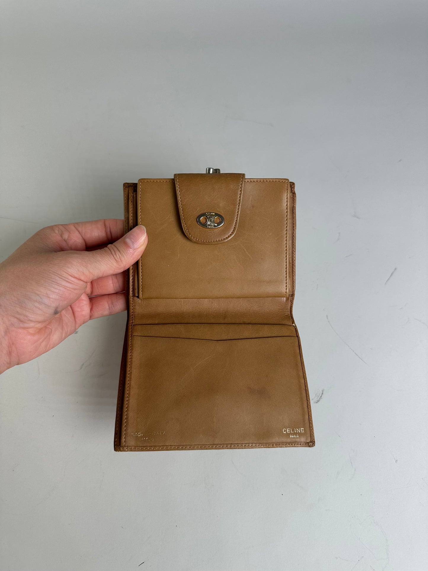 Vintage Celine Canvas Kiss Lock Wallet Beige Brown Gold