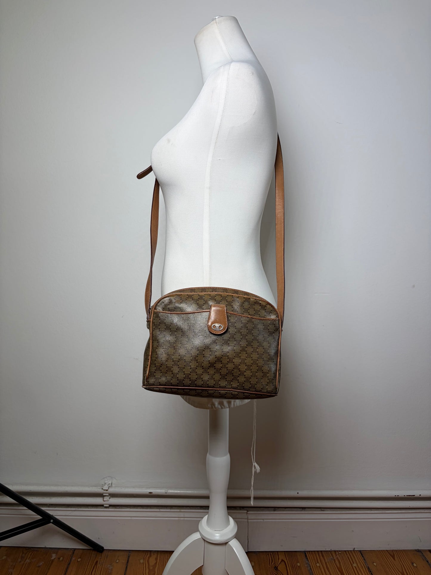Vintage Celine C Logo Coated Canvas Crossbody Bag Brown Beige