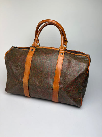 Vintage Etro Paisley Coated Canvas Duffle Bag Late 1990s Olive Brown