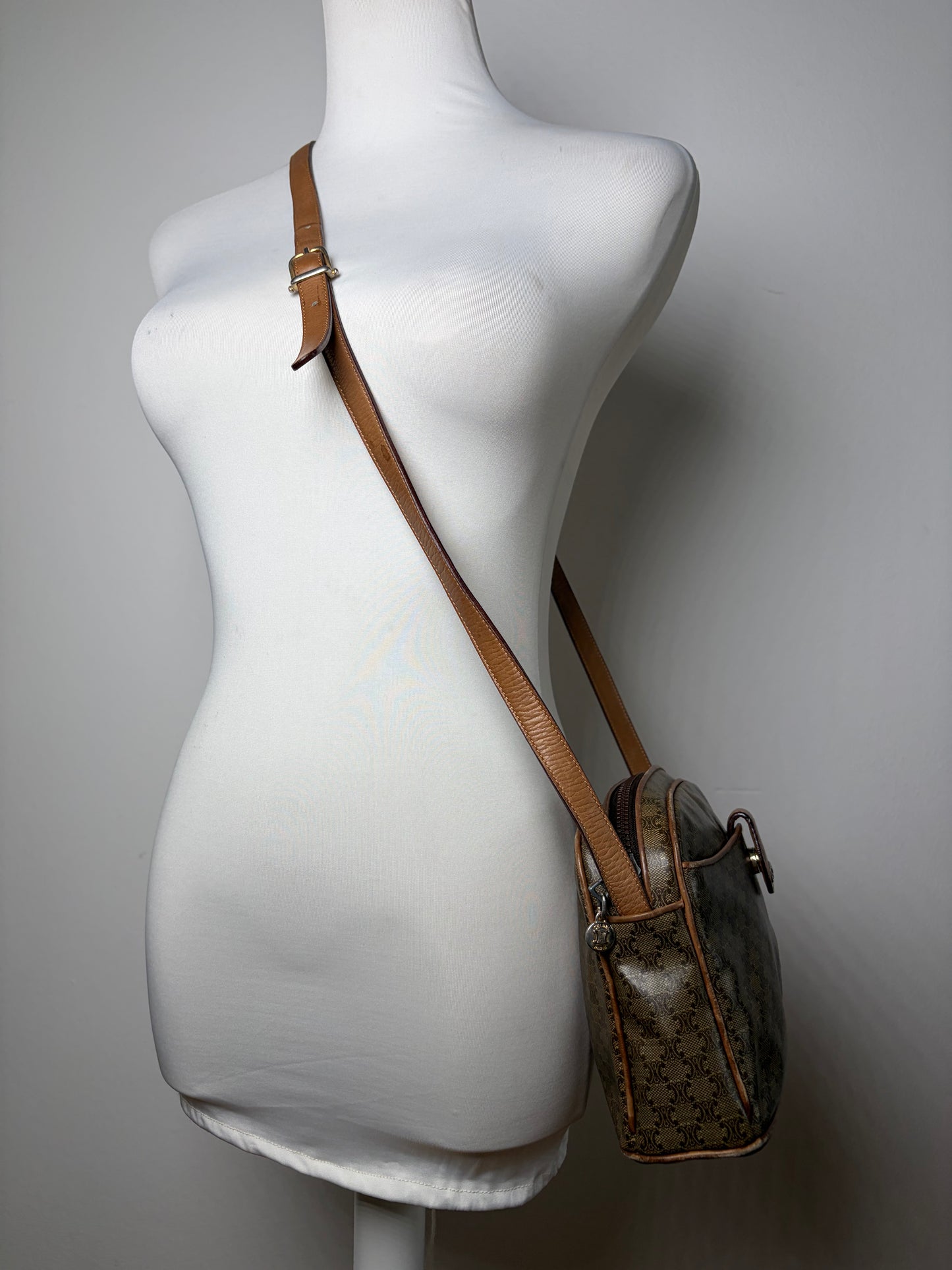 Vintage Celine C Logo Coated Canvas Crossbody Bag Brown Beige