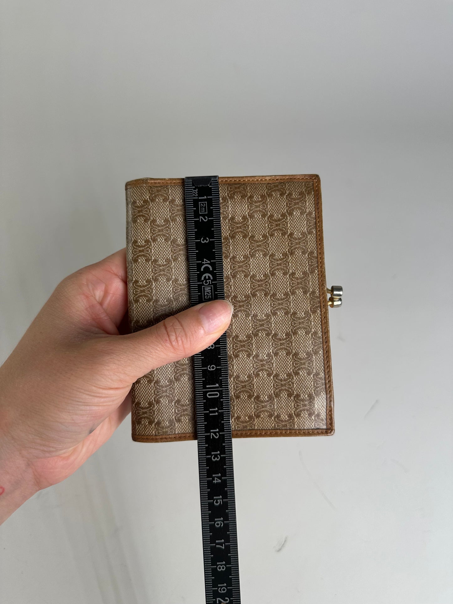 Vintage Celine Canvas Kiss Lock Wallet Beige Brown Gold