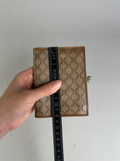 Vintage Celine Canvas Kiss Lock Wallet Beige Brown Gold