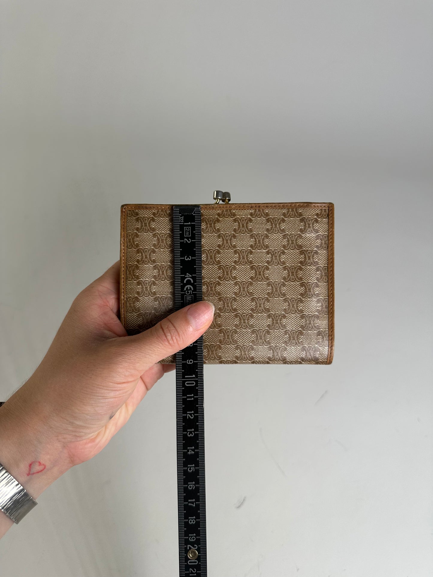 Vintage Celine Canvas Kiss Lock Wallet Beige Brown Gold