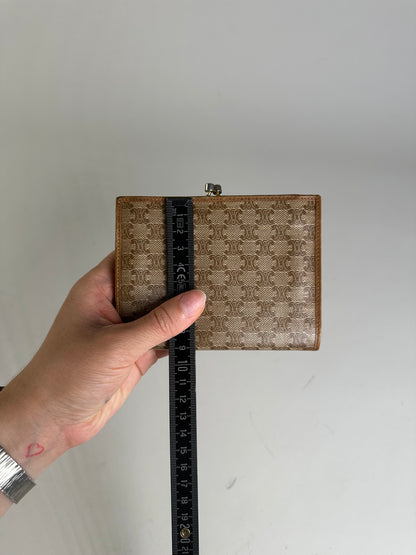 Vintage Celine Canvas Kiss Lock Wallet Beige Brown Gold