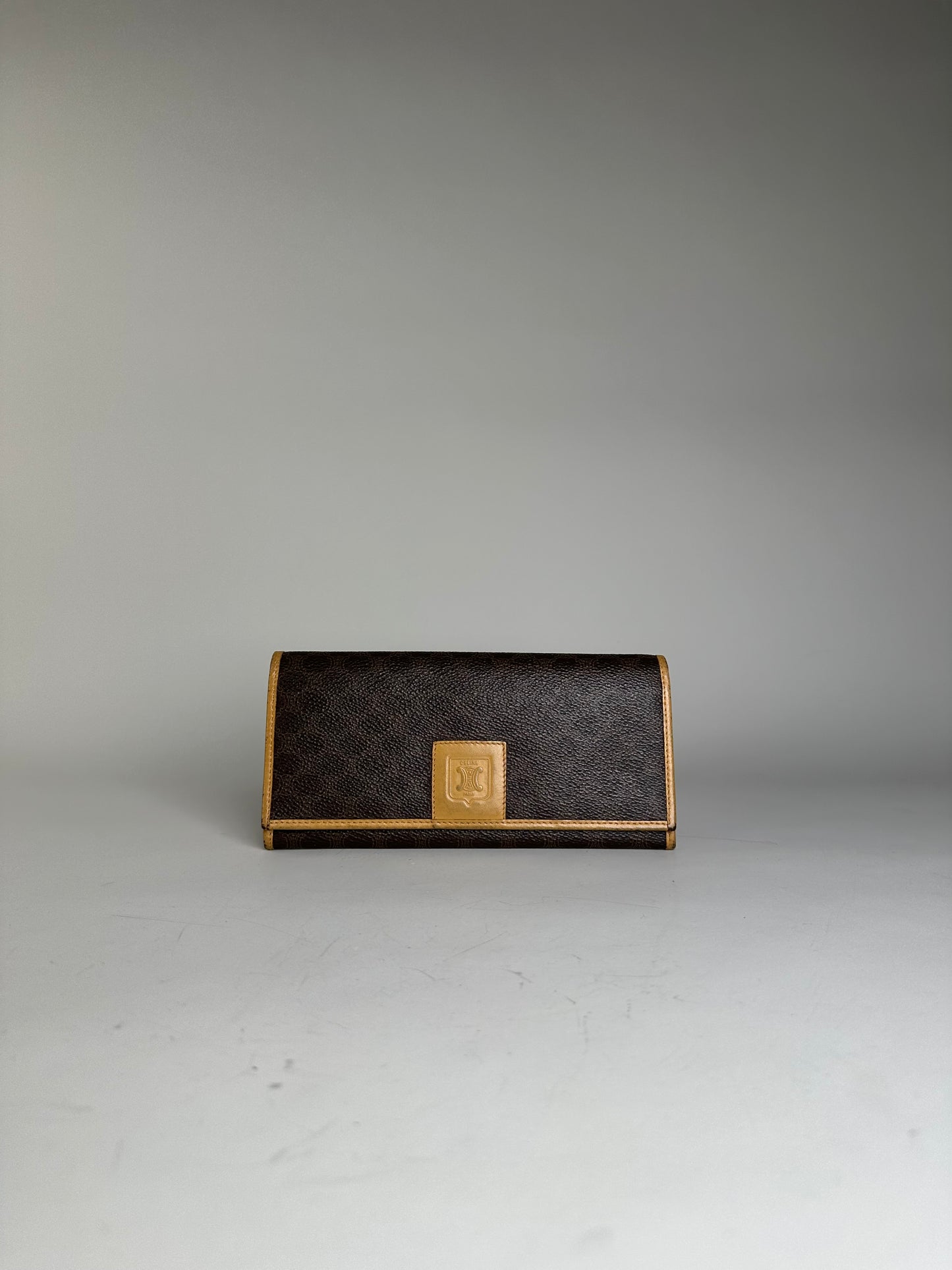 Vintage Celine Coated Canvas Wallet Brown Beige Gold