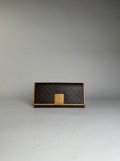 Vintage Celine Coated Canvas Wallet Brown Beige Gold