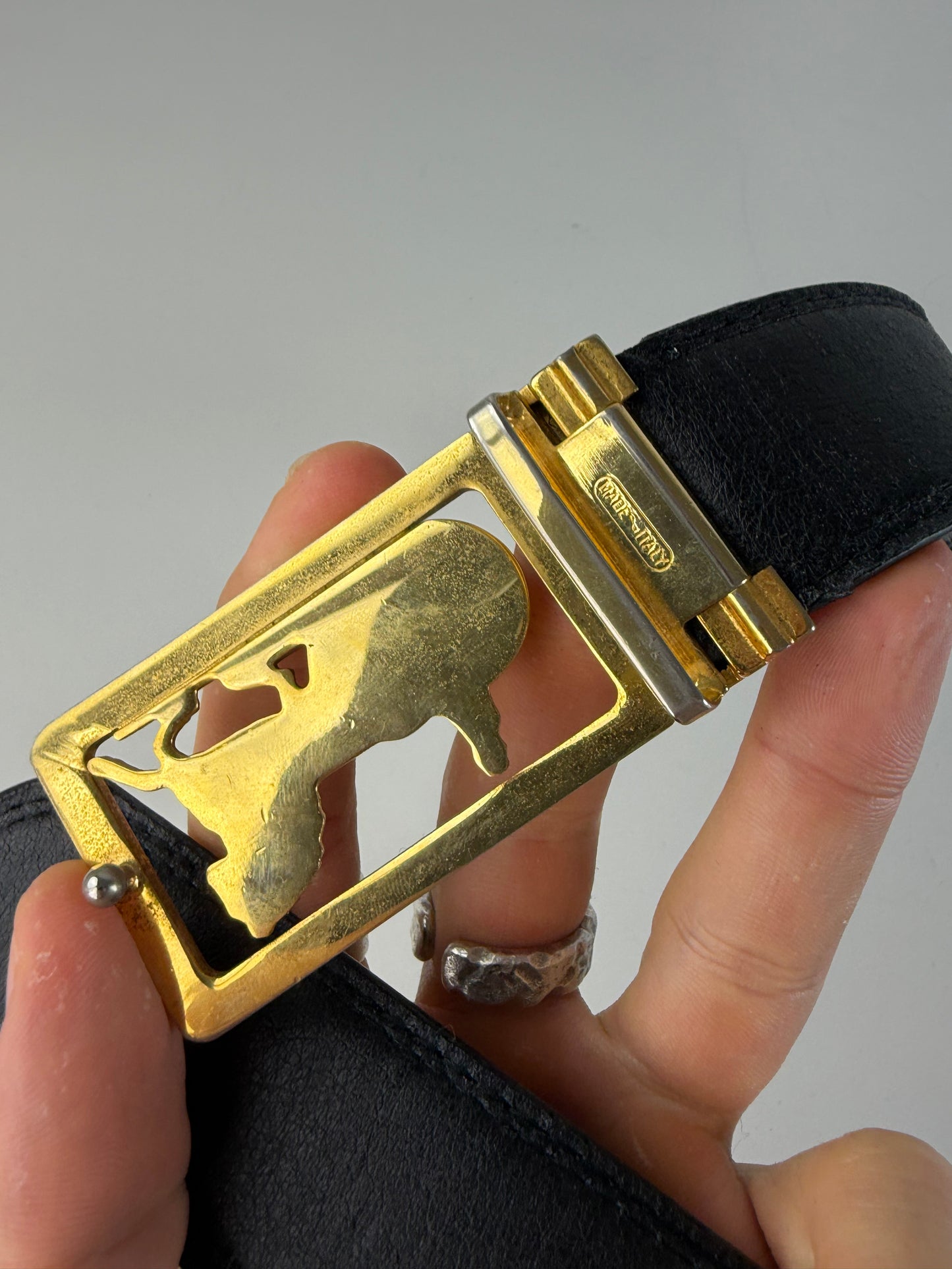 Vintage Celine Leather Belt Black Gold Buckle