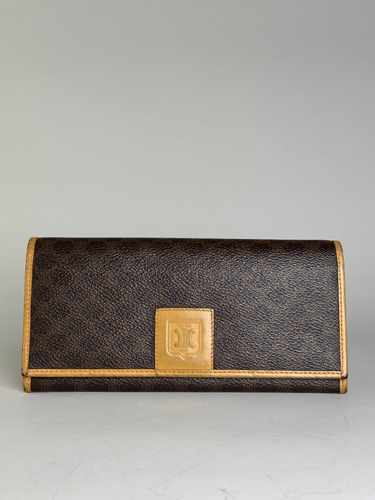 Vintage Celine Coated Canvas Wallet Brown Beige Gold