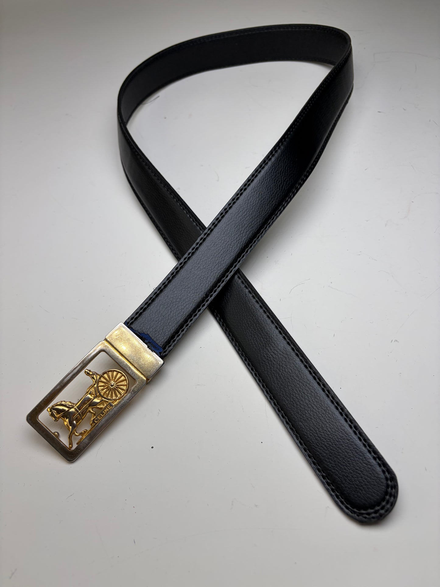 Vintage Celine Leather Belt Black Gold Buckle