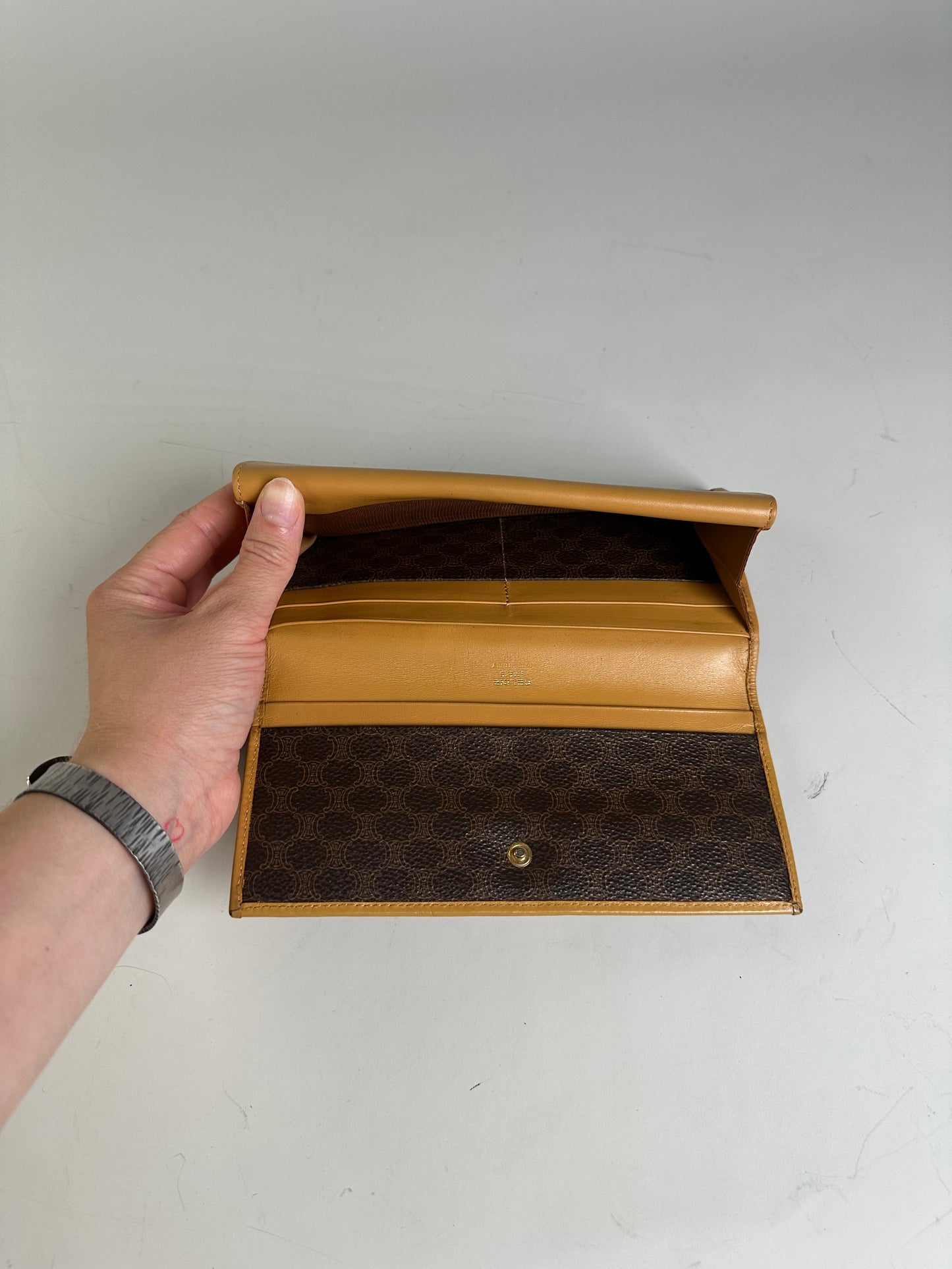 Vintage Celine Coated Canvas Wallet Brown Beige Gold