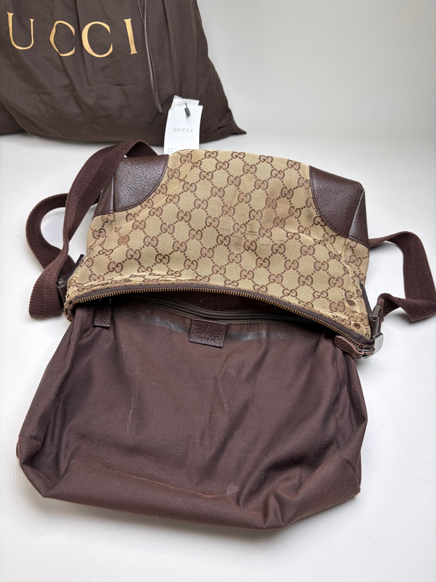 Vintage Gucci GG Supreme Flap Crossbody Bag Brown Beige