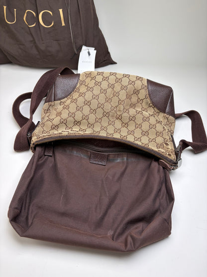 Vintage Gucci GG Supreme Flap Crossbody Bag Brown Beige