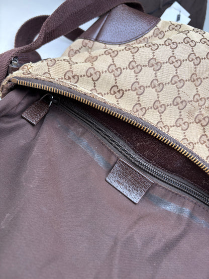 Vintage Gucci GG Supreme Flap Crossbody Bag Brown Beige