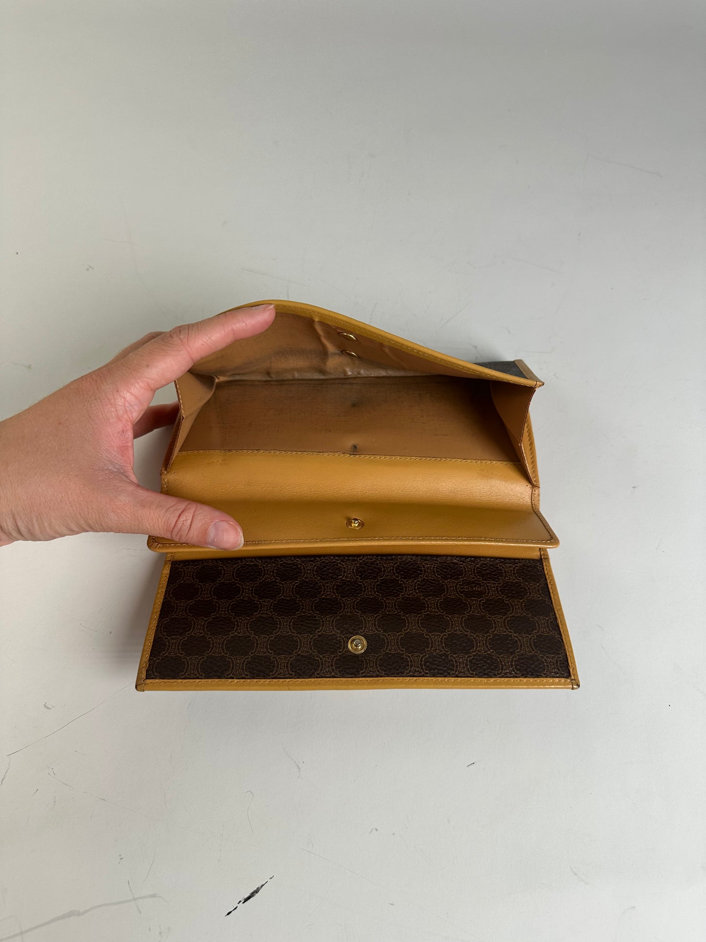 Vintage Celine Coated Canvas Wallet Brown Beige Gold