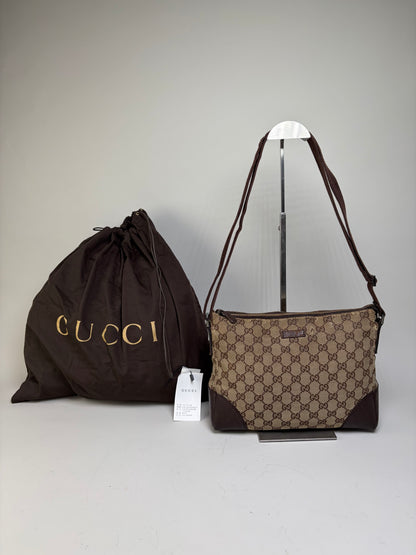 Vintage Gucci GG Supreme Flap Crossbody Bag Brown Beige