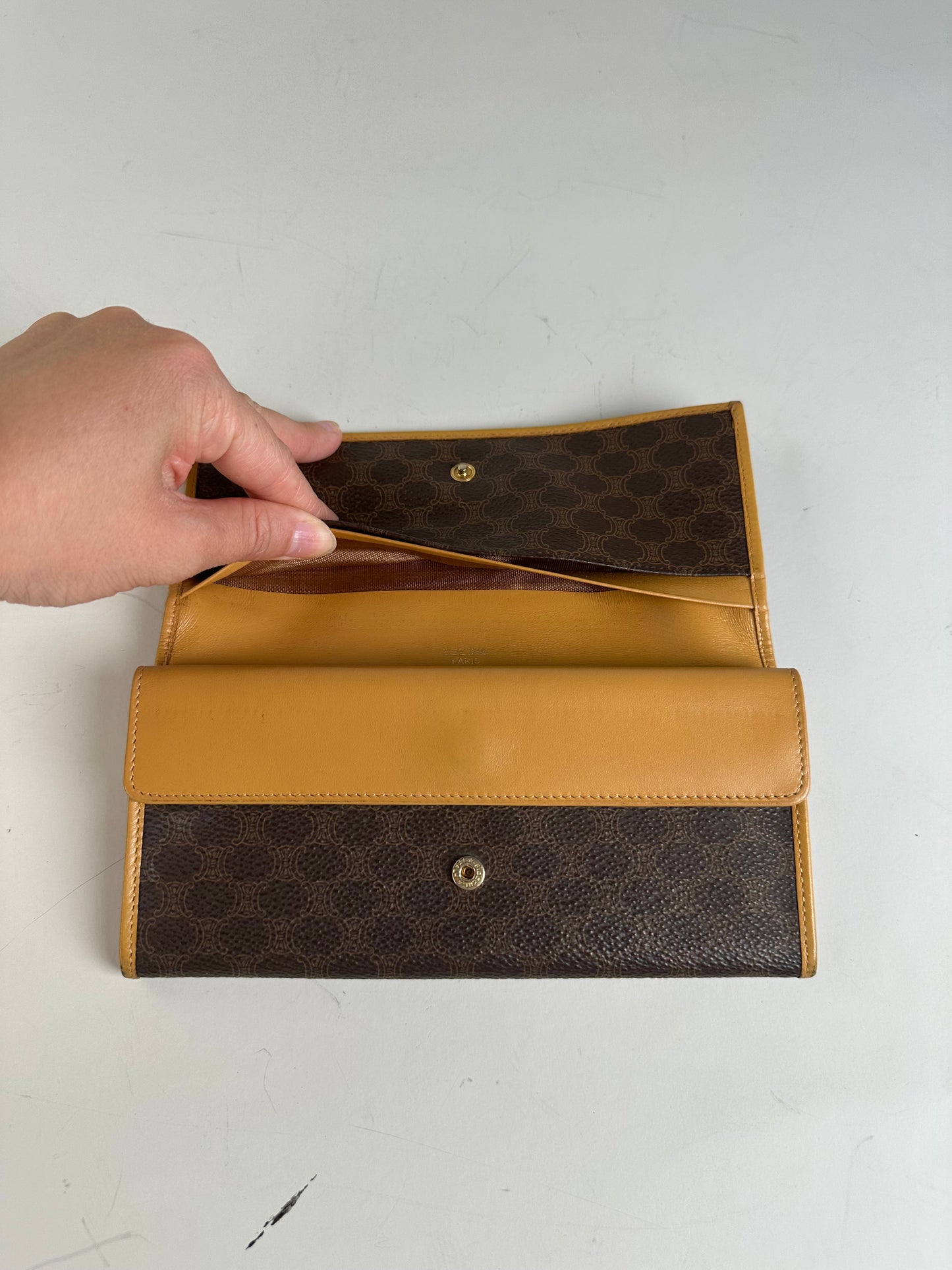 Vintage Celine Coated Canvas Wallet Brown Beige Gold