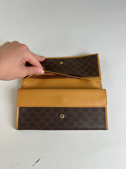 Vintage Celine Coated Canvas Wallet Brown Beige Gold