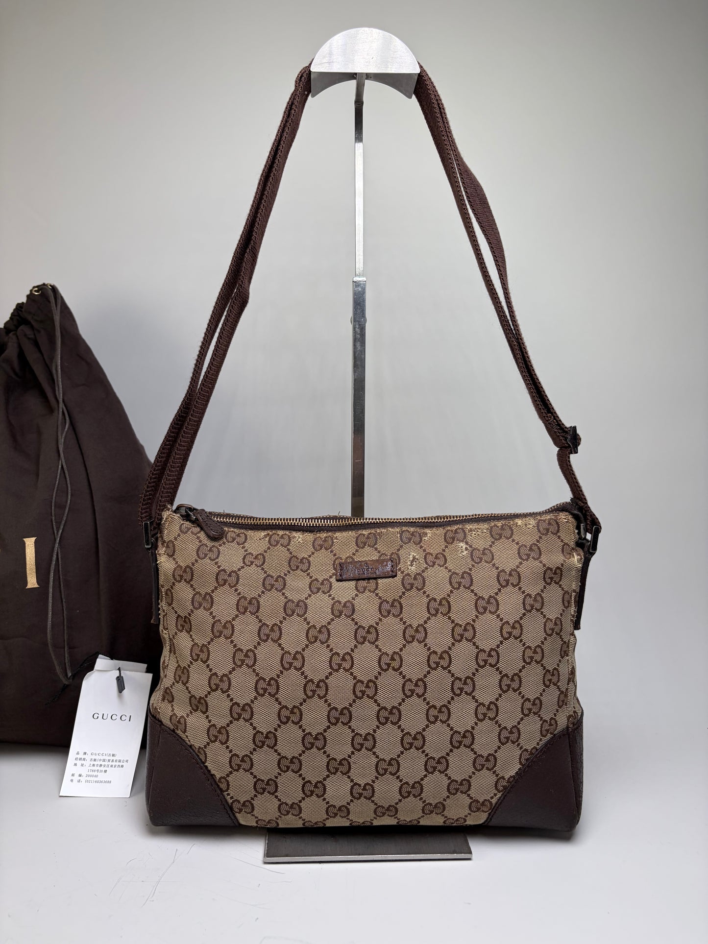 Vintage Gucci GG Supreme Flap Crossbody Bag Brown Beige