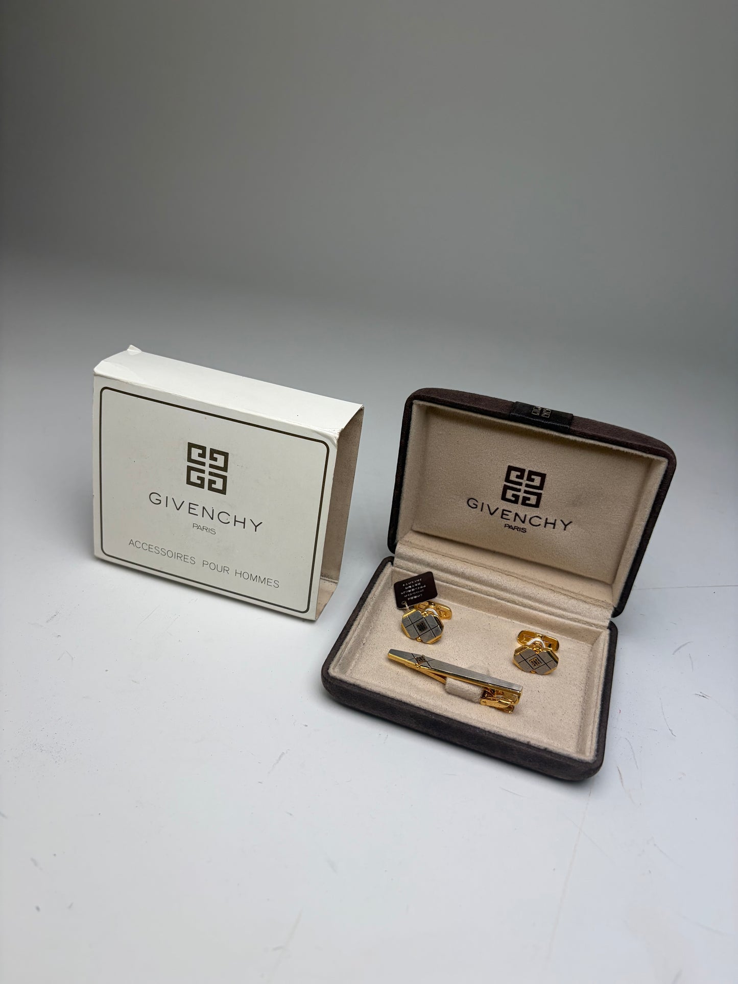 Vintage Givenchy Logo Cufflinks and Tie Clip Set Gold Silver