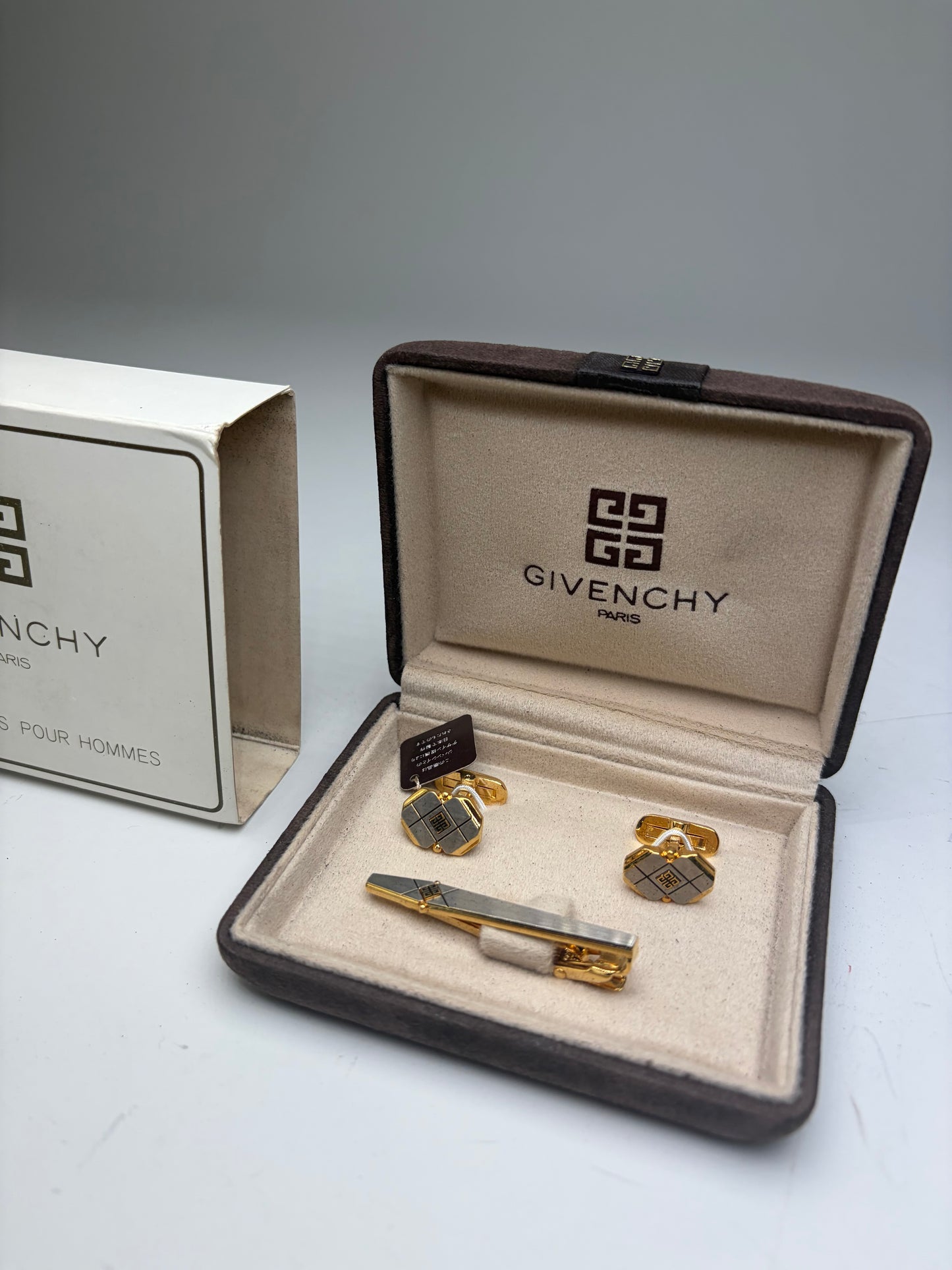 Vintage Givenchy Logo Cufflinks and Tie Clip Set Gold Silver