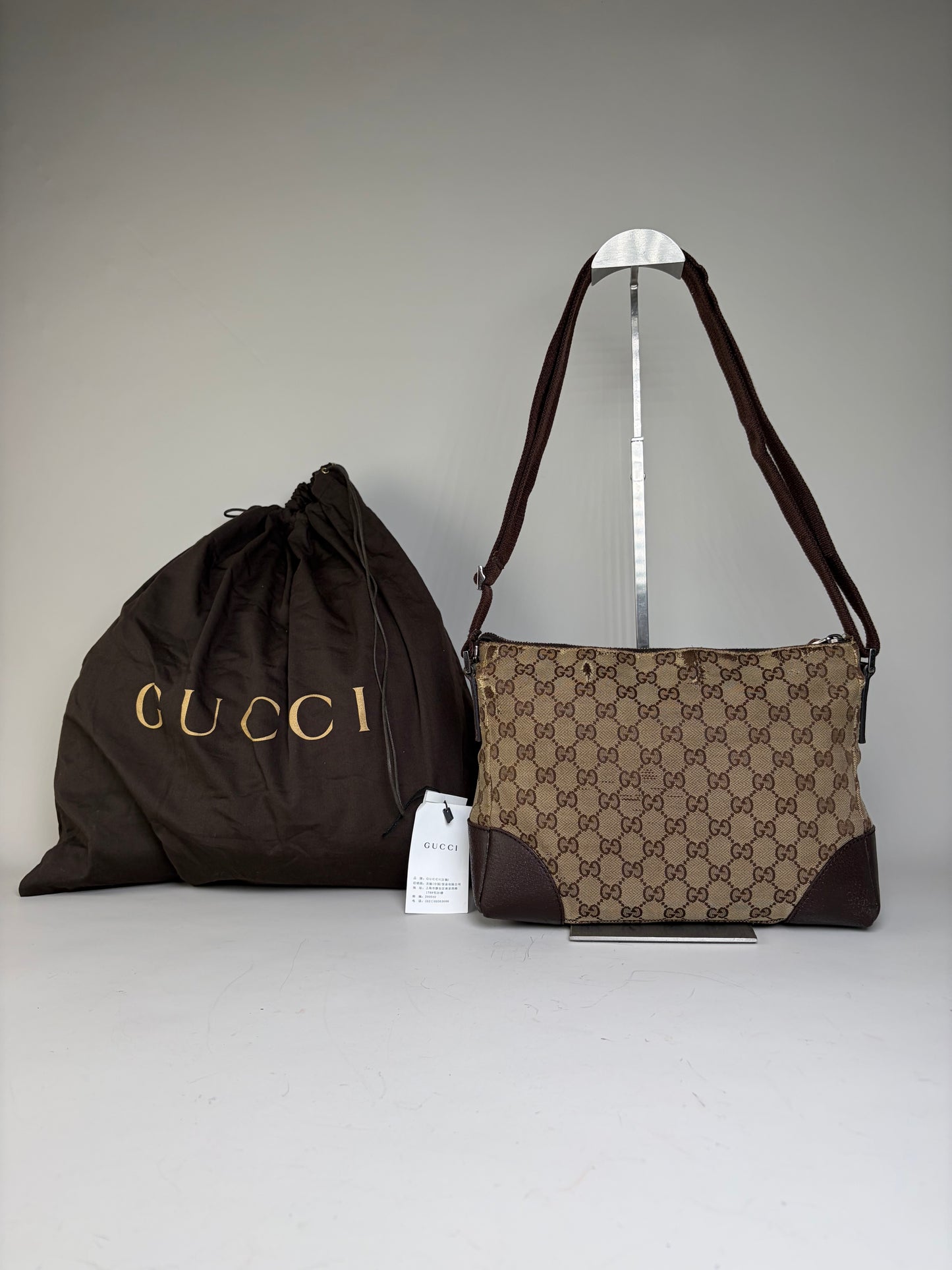 Vintage Gucci GG Supreme Flap Crossbody Bag Brown Beige