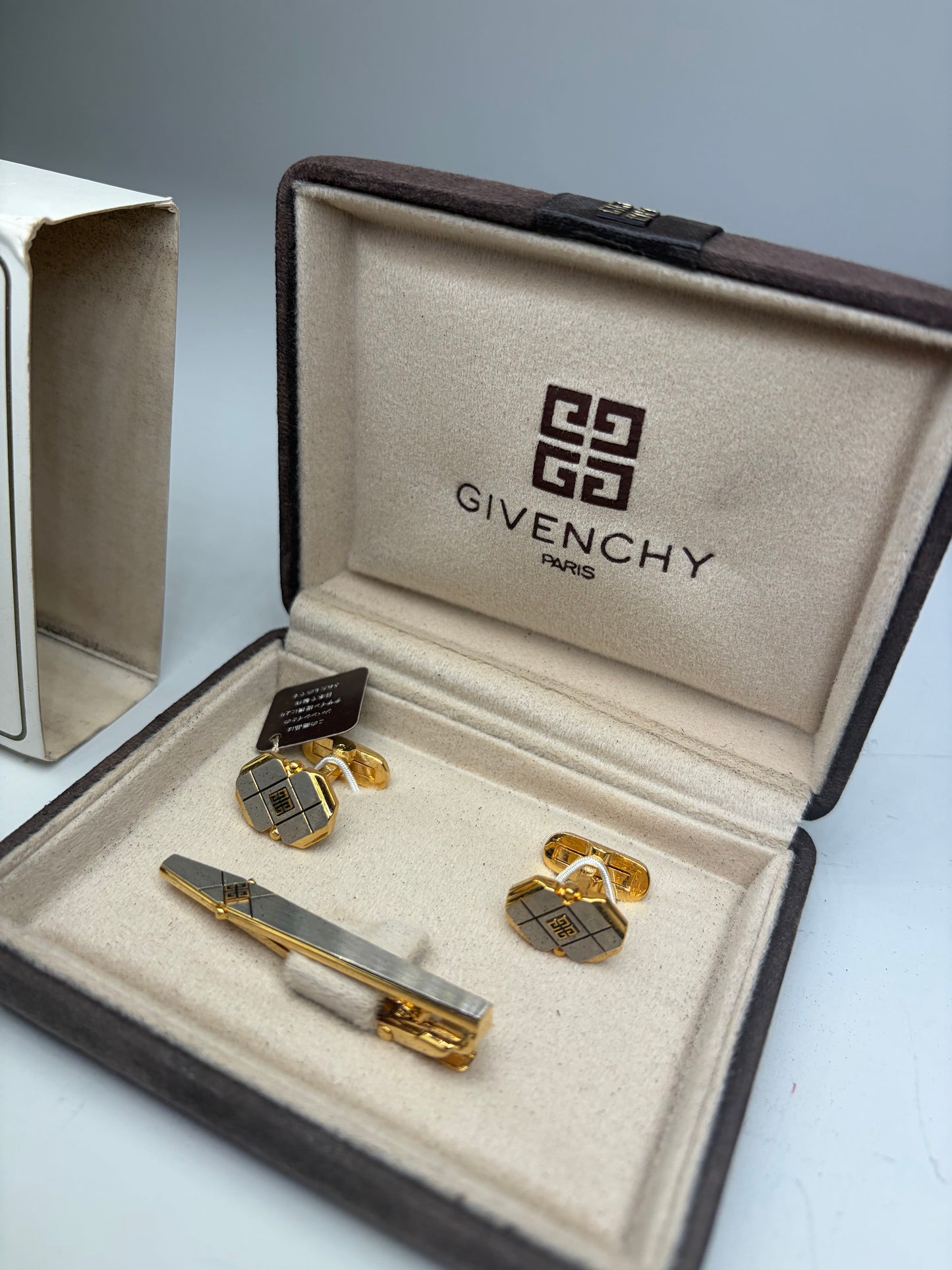 Vintage Givenchy Logo Cufflinks and Tie Clip Set Gold Silver