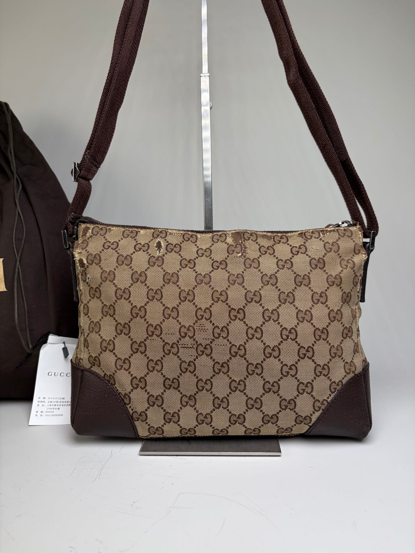 Vintage Gucci GG Supreme Flap Crossbody Bag Brown Beige