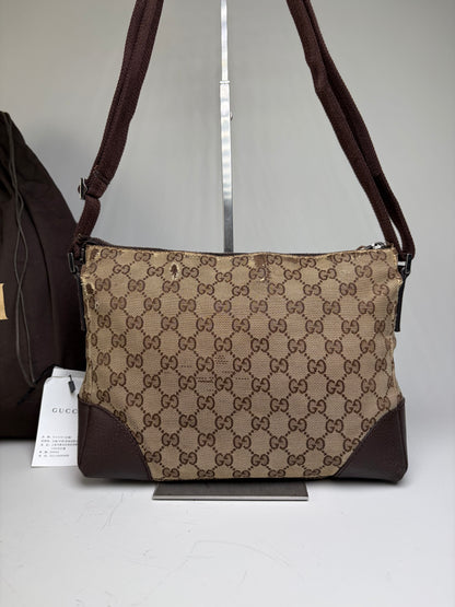 Vintage Gucci GG Supreme Flap Crossbody Bag Brown Beige