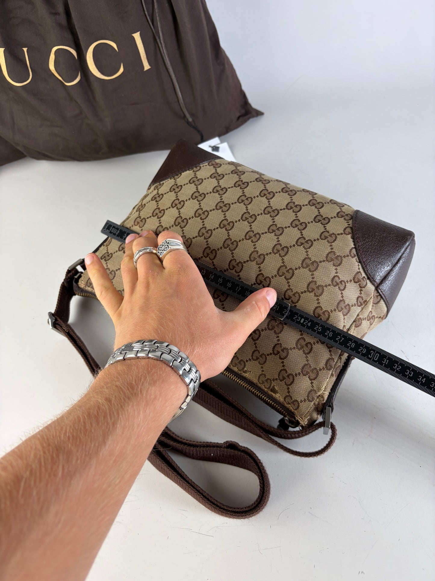 Vintage Gucci GG Supreme Flap Crossbody Bag Brown Beige