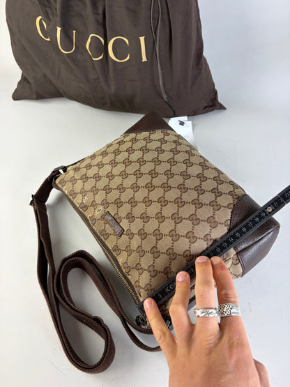 Vintage Gucci GG Supreme Flap Crossbody Bag Brown Beige