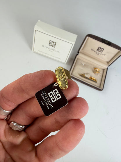 Vintage Givenchy Logo Cufflinks and Tie Clip Set Gold Silver