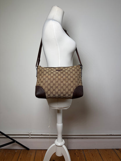 Vintage Gucci GG Supreme Flap Crossbody Bag Brown Beige