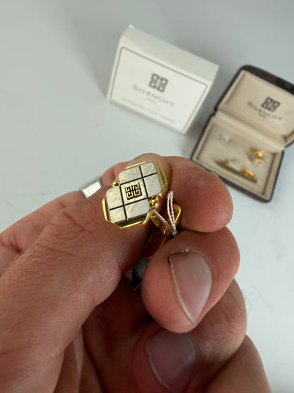 Vintage Givenchy Logo Cufflinks and Tie Clip Set Gold Silver