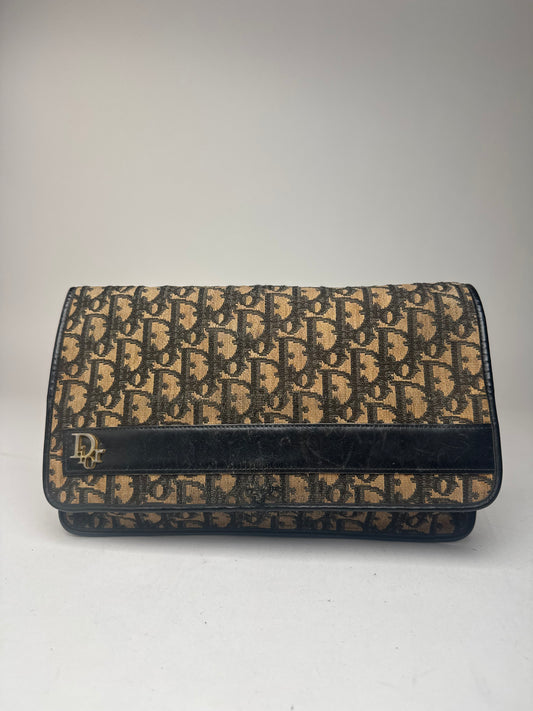 Pochette vintage Dior Oblique Monogram Beige Bleu Marine