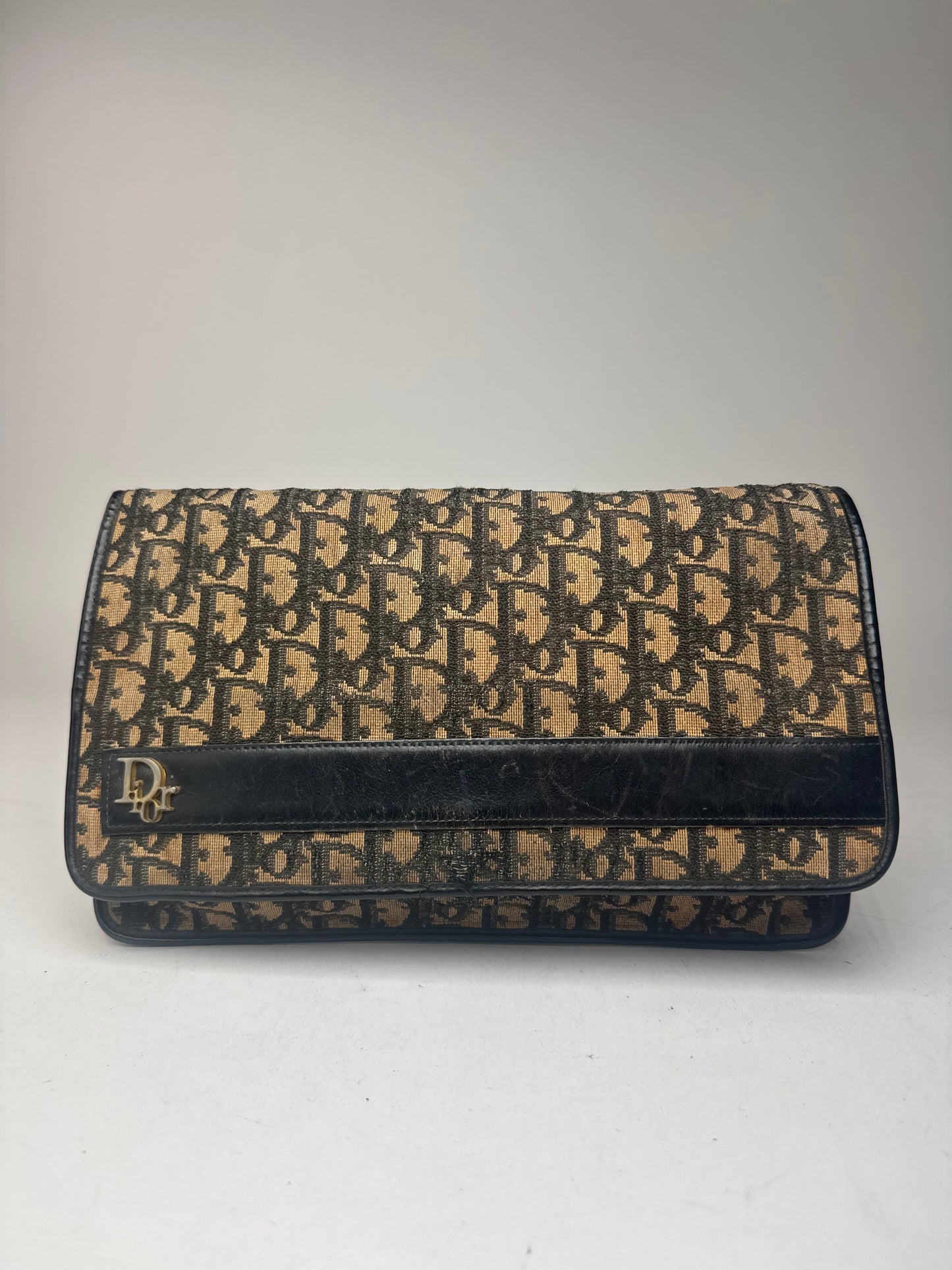 Pochette vintage Dior Oblique Monogram Beige Bleu Marine