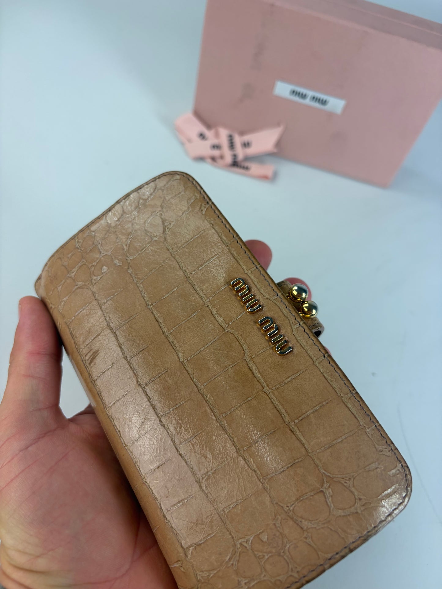 Vintage Miu Miu Cocco Lux Leather Wallet Beige Gold