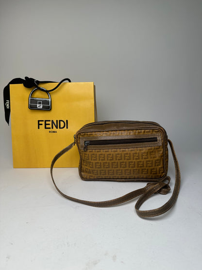 Fendi Vintage Crossbody Bag FF Logo Pattern Brown Fabric