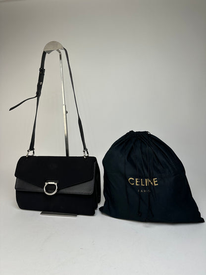 Vintage Celine Paris Flap Polyester Leather Shoulder Bag Black