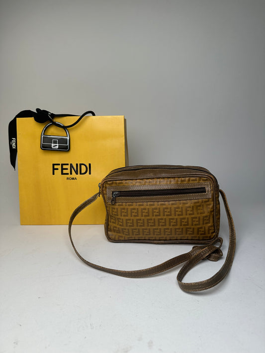 Fendi Vintage Crossbody Bag FF Logo Pattern Brown Fabric