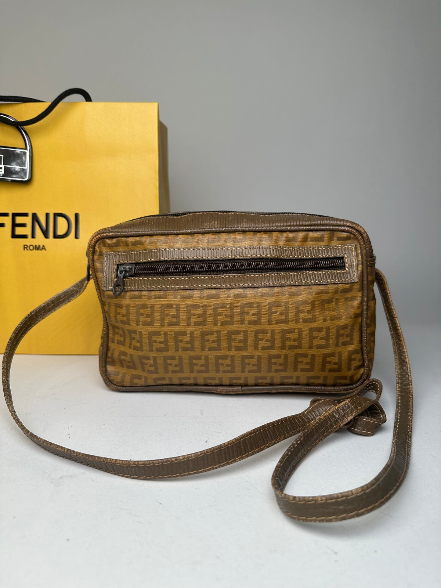 Fendi Vintage Crossbody Bag FF Logo Pattern Brown Fabric