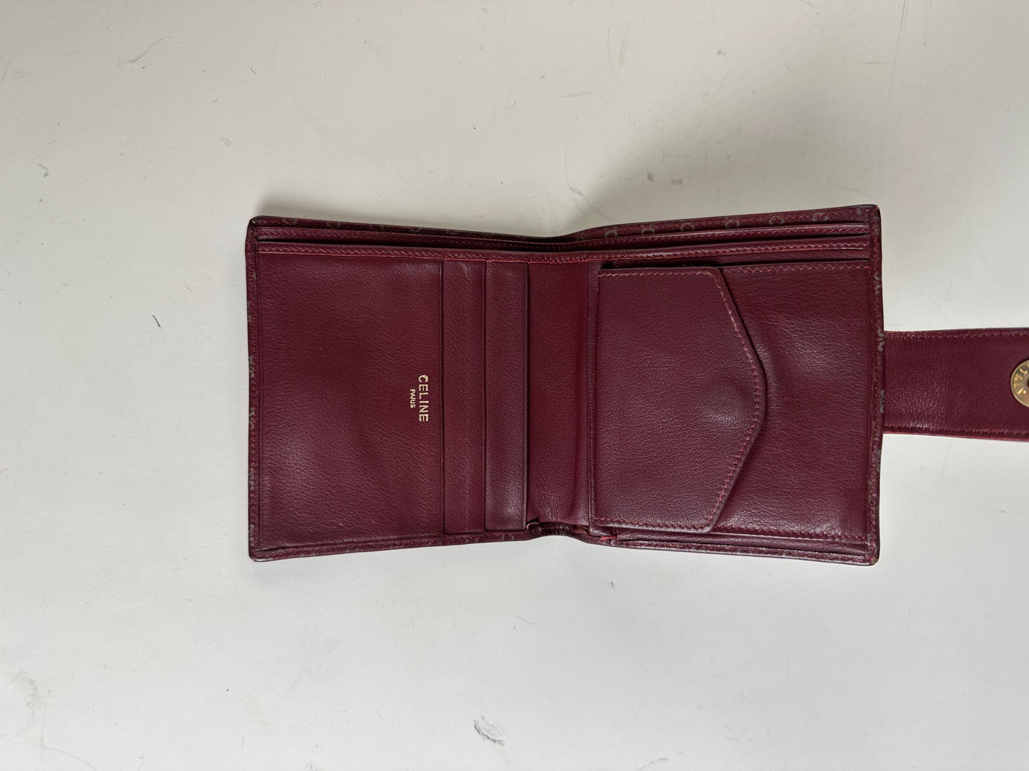 Vintage Celine Leather Wallet Burgundy Gold Snap c. 2000
