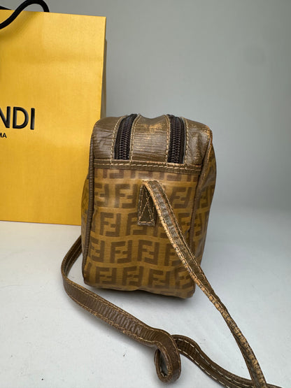 Fendi Vintage Crossbody Bag FF Logo Pattern Brown Fabric